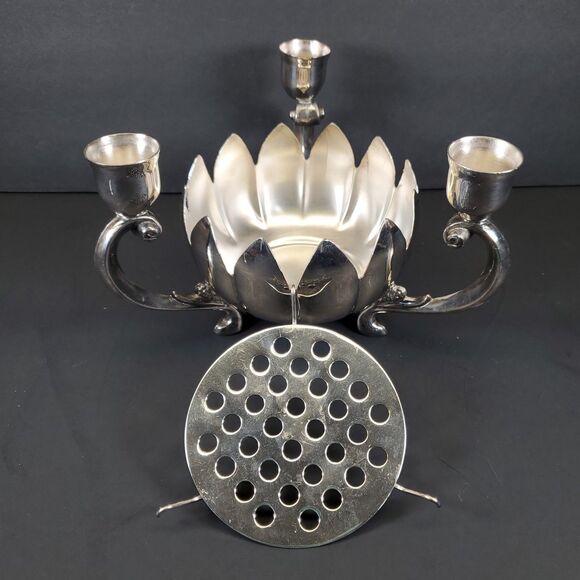 Leonard Silver-Plate Lotus Candle & Flower Vase Centerpiece w/ Frog - Picture 5 of 7
